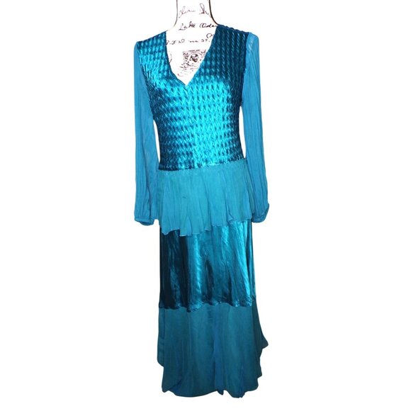 🆕KOMAROV Long Sleeve Crinkle Midi Dress Peacock (Teal Aqua Blue) Large (10-12) - Picture 7 of 12
